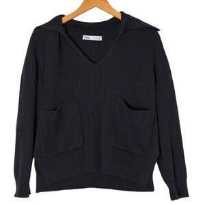 Zara | Navy front pockets v-neck collar ribbed boxy knit sweater